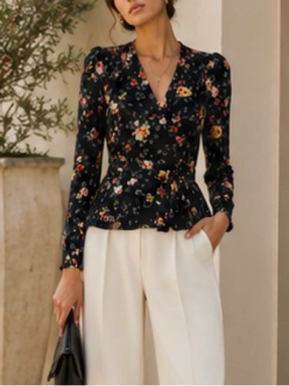 Veronica Beard Kiona Silk Blouse Black Floral Peplum $395. Excellent Size 00